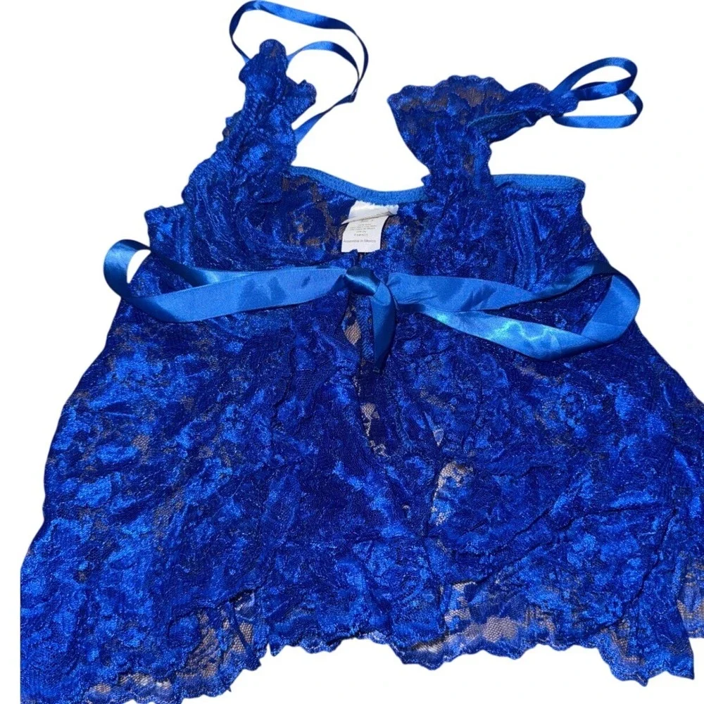 Coquette Y2K Blue Lace‎ Babydoll Lingerie Top Women Size S Floral Ribbon Tie